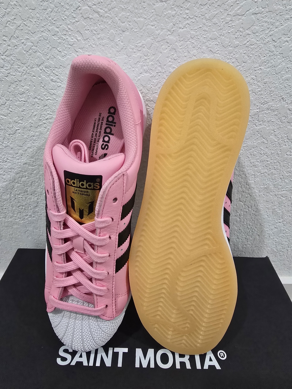 Adidas Messi Women's Pink Superstar Sneakers with Black Stripes - Picture 7 of 8